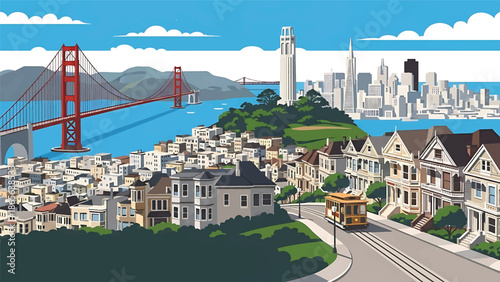 San Francisco city postcard vector illustration featuring hills and iconic bridges in flat solid colors, clean modern design ideal for travel posters, postcards, wall decor, and tourism branding