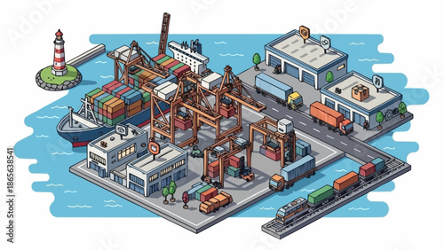 Isometric Industrial Port Scene with Ships and Cranes.