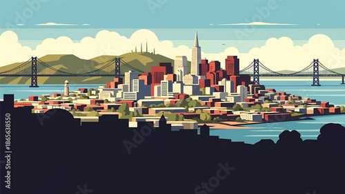 San Francisco city postcard vector illustration featuring hills and iconic bridges in flat solid colors, clean modern design ideal for travel posters, postcards, wall decor, and tourism branding