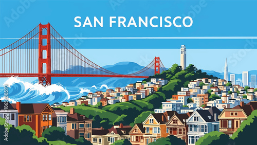 San Francisco city postcard vector illustration featuring hills and iconic bridges in flat solid colors, clean modern design ideal for travel posters, postcards, wall decor, and tourism branding