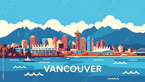 Vancouver city postcard vector illustration with skyline, mountains, and waterfront in flat solid colors, clean modern style created for travel posters, postcards, and wall decor