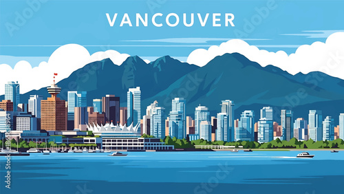 Vancouver city postcard vector illustration with skyline, mountains, and waterfront in flat solid colors, clean modern style created for travel posters, postcards, and wall decor