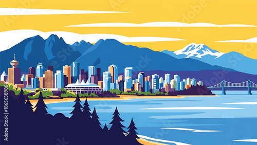 Vancouver city postcard vector illustration with skyline, mountains, and waterfront in flat solid colors, clean modern style created for travel posters, postcards, and wall decor