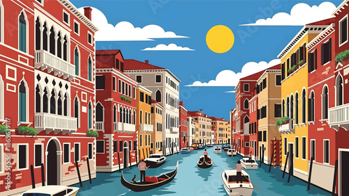 Venice city postcard vector illustration with canals and historic buildings in flat solid colors, romantic travel poster style perfect for tourism, souvenirs, and wall decor