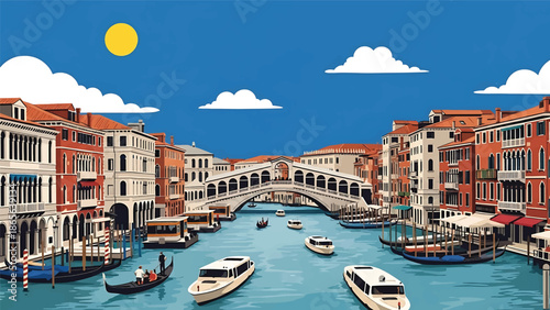Venice city postcard vector illustration with canals and historic buildings in flat solid colors, romantic travel poster style perfect for tourism, souvenirs, and wall decor