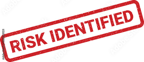 Red textured rectangular stamp with RISK IDENTIFIED text, signifying detection of a potential issue in project management operations