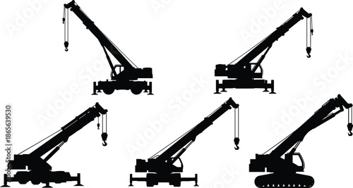 Mobile crane silhouettes, telescopic boom, hook cable, construction machinery, black outline, industrial equipment, lifting posture, site work, transport, gear