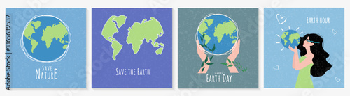 A collection of 4 square illustrations for Earth Day: globes, maps, hands with plants, a female image, and eco messages. Flat vector design for nature conservation.

