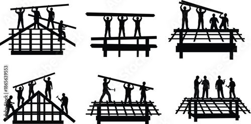 Roof construction silhouettes, worker teamwork, beam lifting, hammer action, truss framing, black outline, site labor, posture, gear, structure