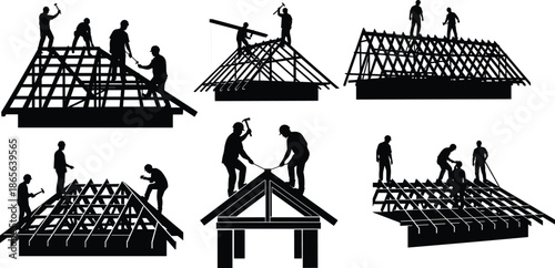 Roof construction silhouettes, worker teamwork, hammer action, beam installation, truss framing, black outline, site labor, posture, gear, structure