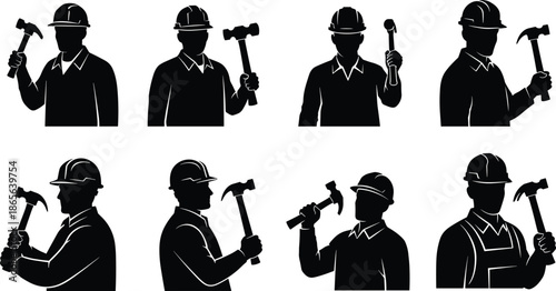 Silhouettes of construction workers with hammers, safety helmets, manual labor, tool usage, posture, industrial job, inspection, action