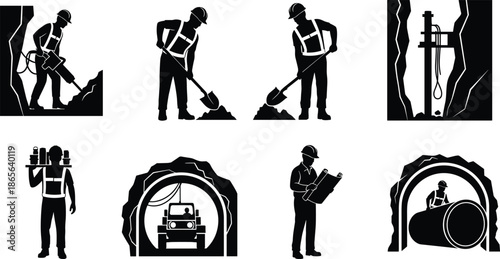 Underground construction silhouettes, mining activity, tunnel work, jackhammer, shovel digging, blueprint planning, black outline, pulley system, survey gear, vehicle
