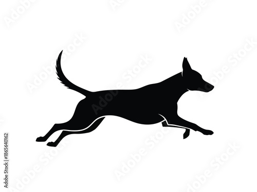 Vector silhouette of black silhouette of a dog running with tail up and ears forward
