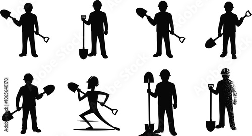 Worker silhouettes, shovel pose, construction labor, manual tools, safety helmet, black outline, stylized figure, industrial posture, site work, gear