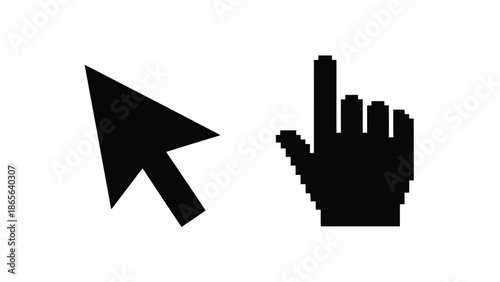 Pixelated hand pointing and a computer cursor digital interaction symbols