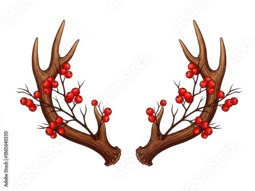 Christmas deer antlers with red berries isolated on transparent background