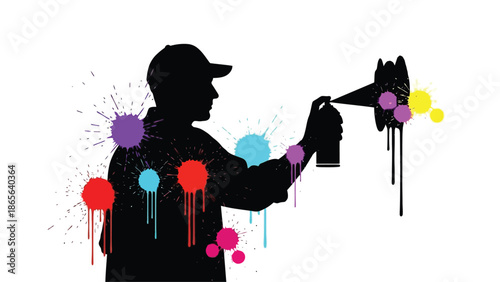 Silhouette of a graffiti artist spraying colorful paint against a white background