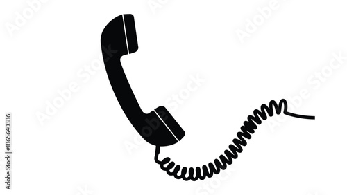 Simple black and white illustration of a vintage telephone handset with a coiled cord