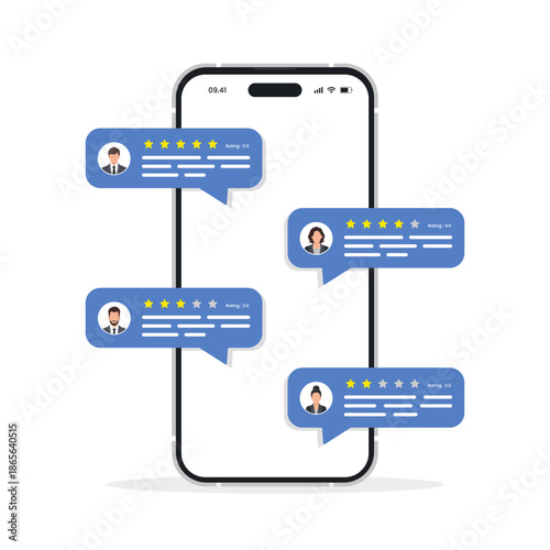 Review rating speech bubbles on mobile phone vector illustration. Star reviews with positive and negative ratings testimonial concept.