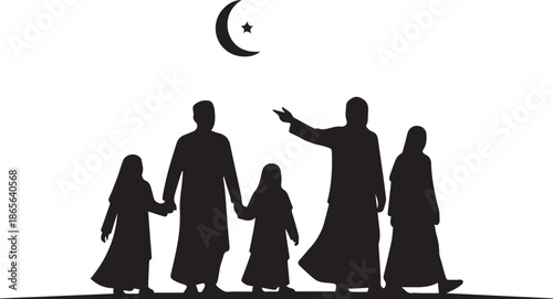 A silhouette illustration of a Muslim family with children under a crescent moon and star, symbolizing faith and unity.