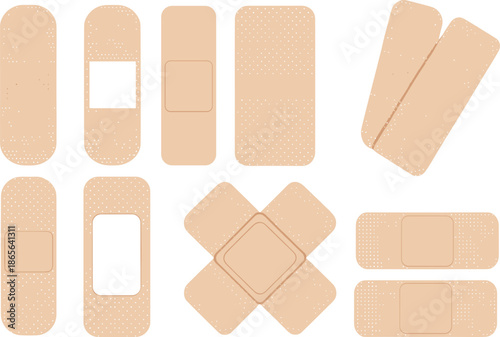 Various Adhesive Bandages in Grid Layout – Medical Wound Care Plasters in Multiple Shapes for Health, First Aid, and Safety