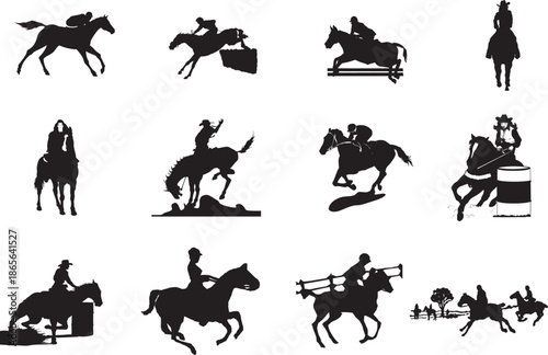 Silhouettes of Horseback Riding and Rodeo Scenes with Riders and Horses equestrian
