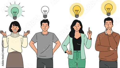 People with Creative Ideas and Light Bulbs Above Heads Concept Flat Cartoon Vector Illustration