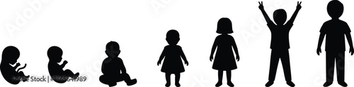 Child growth stages silhouettes from baby to school age, development process concept, childhood timeline, human life cycle, family generation evolution