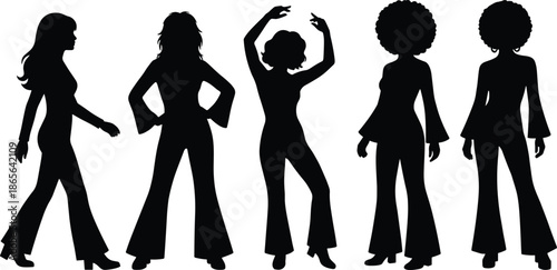 Disco dancing women silhouettes, retro fashion style, seventies party concept, female dance poses, vintage nightlife, groove celebration, music lifestyle illustration