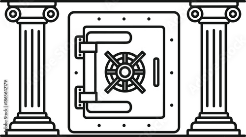 Bank vault door, classical columns, secure locking mechanism, financial protection, asset safety, architectural strength, money security, line art illustration