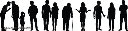 Diverse people silhouettes, family generations standing together, men women child senior figures, community crowd profile collection isolated on white background