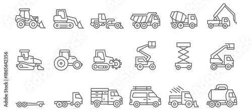 Construction vehicle line icon set. Vector pictograms of bulldozer, loader, grader, paver, roller, lowboy hauler, utility, concrete mixer, thin linear illustration.