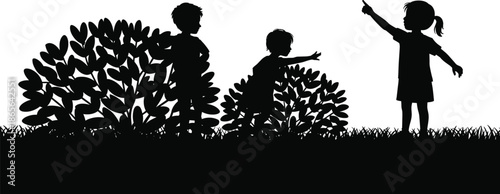 Children playing and exploring outdoors silhouette illustration kids hiding in bushes pointing curiosity childhood adventure black white nature scene