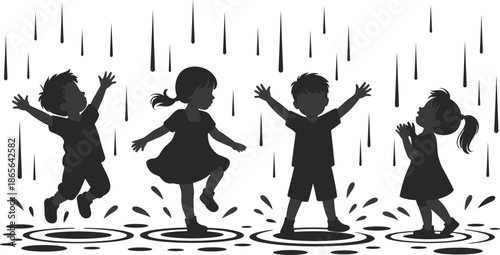 Children playing in rain silhouette illustration joyful kids jumping puddles childhood happiness outdoor fun black white scene