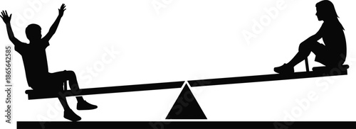 Children playing on seesaw silhouette illustration kids balancing playground fun childhood activity black white outdoor recreation concept