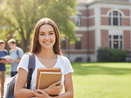 Smiling female student stands on campus holding college textbooks happily