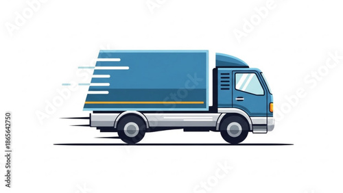 Blue delivery truck speeding with motion lines behind