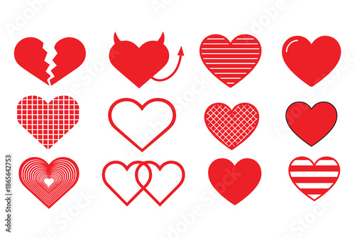 A diverse grid of twelve red heart icons displaying various patterns outlines and unique conditions