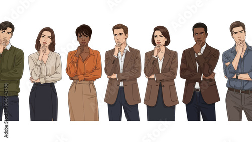 Diverse group of business professionals looking thoughtful and engaged