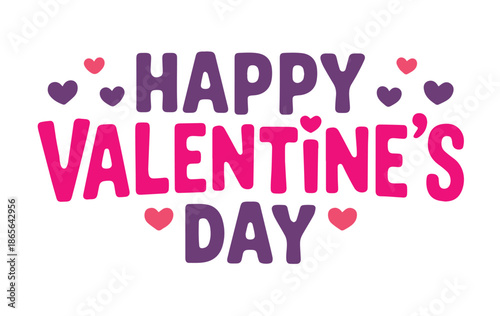 Bold colorful Happy Valentines Day greeting in block letters with scattered pink and purple hearts on white