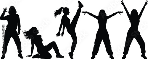 Hip hop dance women silhouettes, street style female dancers, urban lifestyle concept, freestyle movement, energetic poses, modern youth culture illustration