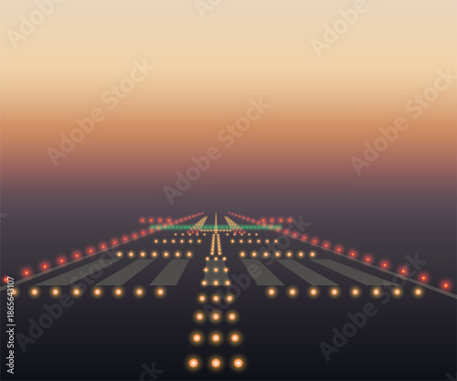 Runway lights during landing approach. View from the cockpit during landing approach at night. Night landscape from the airplane cockpit.