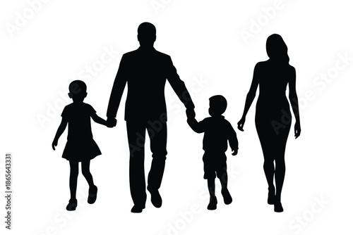 Happy Family Walking Together Silhouette Vector