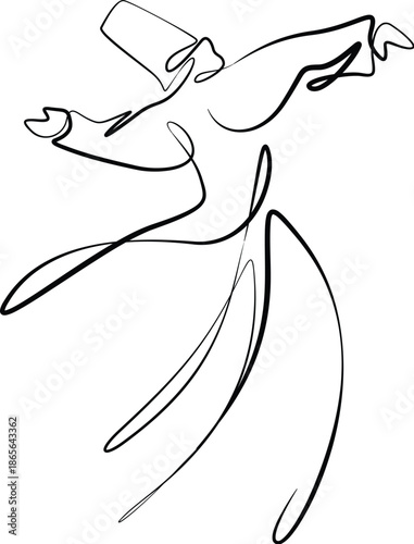 Sufi Whirling Dervish One Line Art Drawing, Minimalist Islamic Rumi Dance Illustration. 