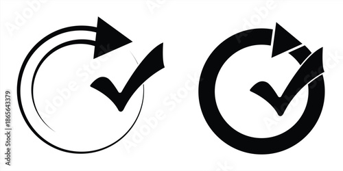 Round rotating arrow icon with check mark, concept of productivity, efficiency, or sustainable comfort icon, vector illustration