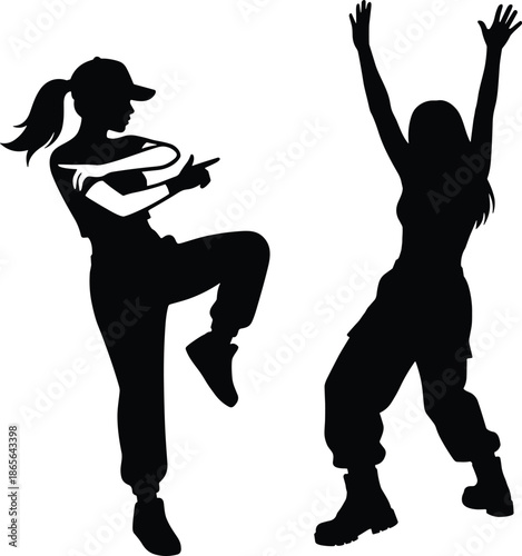 Hip hop women silhouettes dancing, street style female dancers, urban lifestyle concept, freestyle movement, energetic poses, modern youth culture