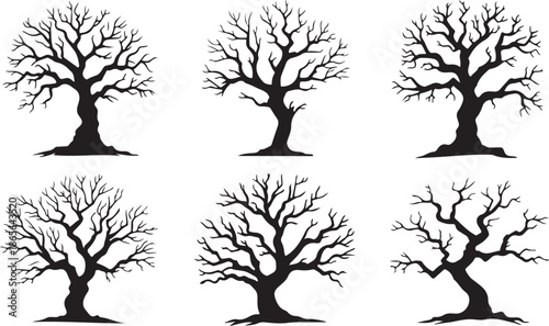six black silhouettes of bare trees with different shapes and sizes on a white background are shown high quality professional detailed