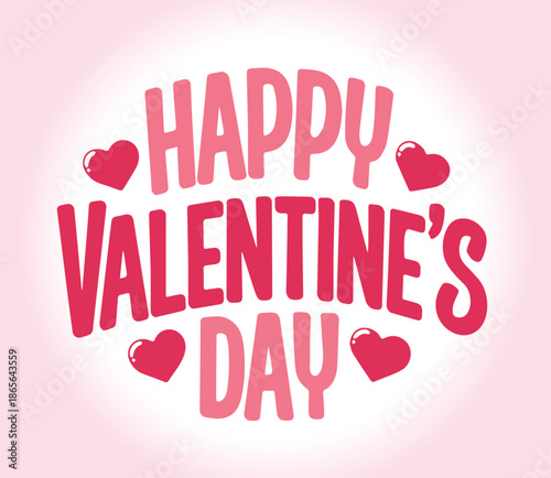 Joyful rounded red pink lettering announces Happy Valentines Day with prominent hearts on a gentle gradient
