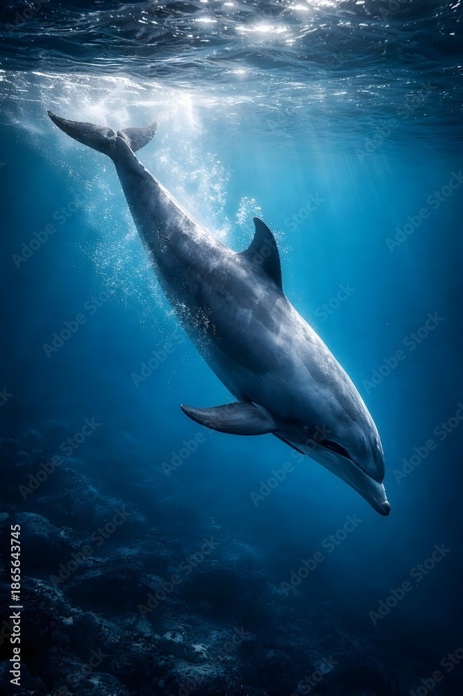 Fototapeta premium Dolphin diving gracefully in clear ocean water