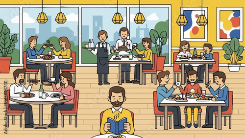 People dining and socializing in a vibrant restaurant setting.